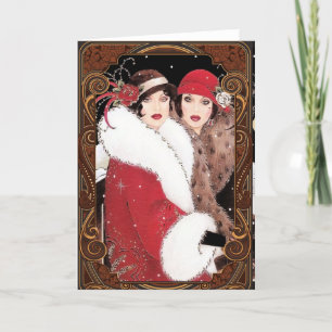 Vintage Frauen der 1920er Jahre in Wintermänteln Feiertagskarte