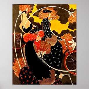 Vintage Frauen, die Bicyles im Herbst reiten Poster
