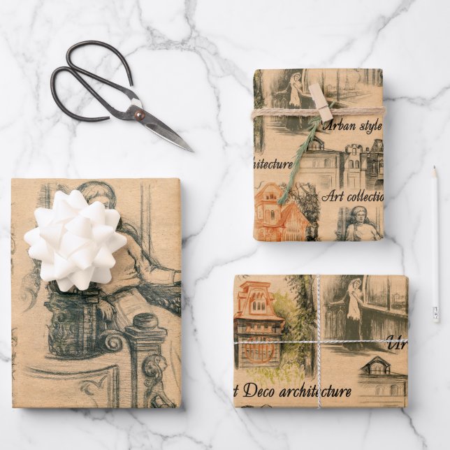 Vintage Frauen im Stadtrat Zeichnend Geschenkpapier Set (Vorderseite)