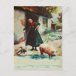 Vintage-Frauen-Schwein-Enten-St.-Patricks-Tag-Kart Postkarte