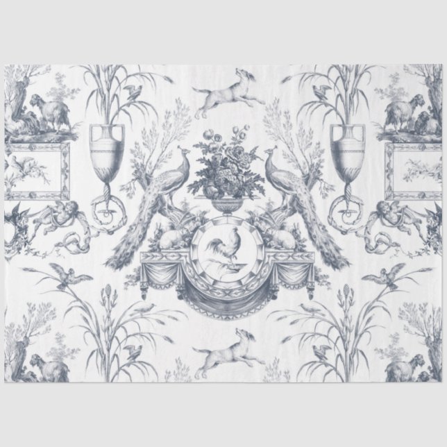 Vintage French Blue White Toile Peacock Botanical Seidenpapier (Vorderseite)