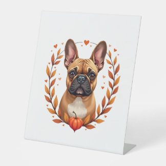 Vintage French Bulldog with Autumn Leaf Wreath and Sockelschild
