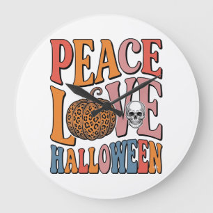 Vintage-Friedensliebe-Halloween-Kürbis-Totenkopf-D Große Wanduhr