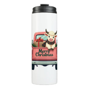 Vintage Frohe Weihnachten Highland-Kuh in rosa Bau Thermosbecher
