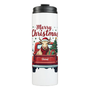 Vintage Frohe Weihnachten Highland-Kuh roter LKW H Thermosbecher