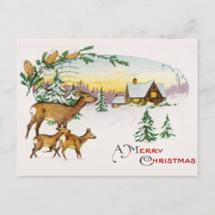 Vintage Frohe Weihnachten Hirsch und Haus im Schne