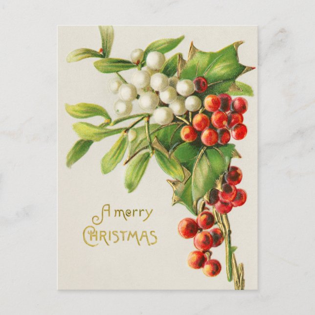 Vintage frohe Weihnachten-Holly-Zweigstelle Kunst Postkarte (Vorderseite)