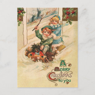 Vintage Frohe Weihnachten Kinder auf Schlitten