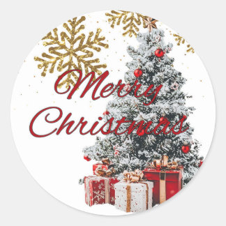 Vintage Frohe Weihnachten mit Baum und Schneeflock Runder Aufkleber