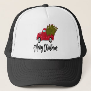 Vintage Frohe Weihnachten Roter LKW mit einem Baum Truckerkappe