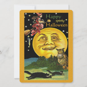 Vintage Frohes Halloween Mond, Hexe, Eule & Katzen Karte