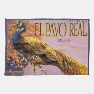 Vintage-Fruchtkisten-Etikettenkunst El Pavo Pfau V Geschirrtuch