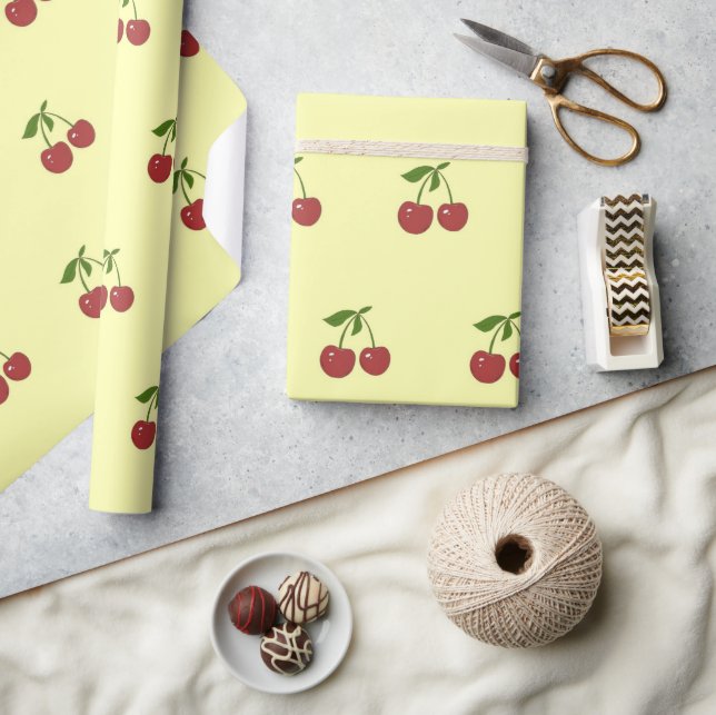 Vintage-Fruchtmuster Gelb & Rote Kirsche Geschenkpapier (Kunsthandwerk)
