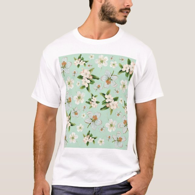 Vintage Frühjahrsblüte-Blume Muster T-Shirt (Vorderseite)