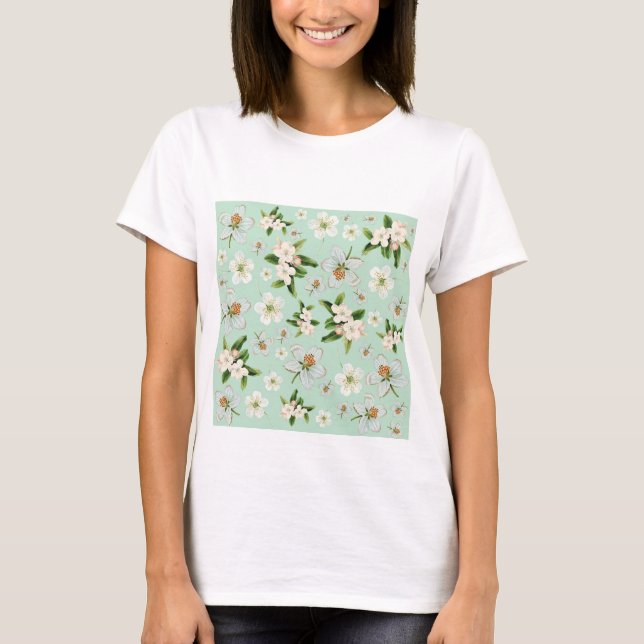 Vintage Frühjahrsblüte-Blume Muster T-Shirt (Vorderseite)