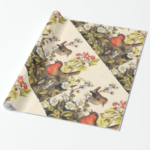 Vintage-Frühlings-Rotkehlchen-Singvögel-Botanik-Bl Geschenkpapier