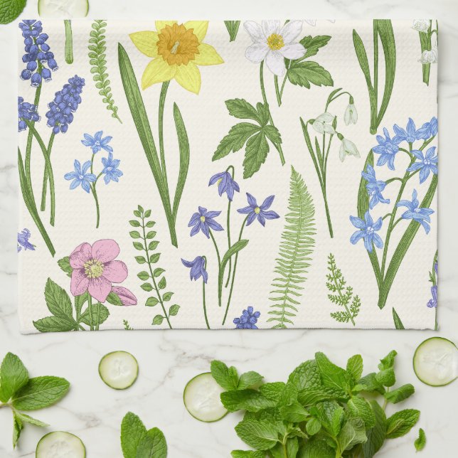 Vintage Frühlingsblumen und Kräuter Geschirrtuch (Gefaltet)