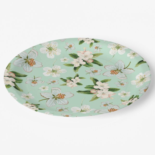 Vintage Frühlingsblüten Muster Pappteller (Schrägansicht)