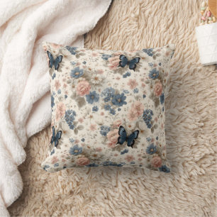 Vintage Frühlingsrosen und blaue Blumen & Schmette Kissen
