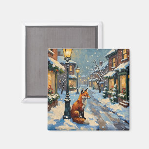 Vintage Fuchs unter Gaslaterne in weihnachtlicher  Magnet