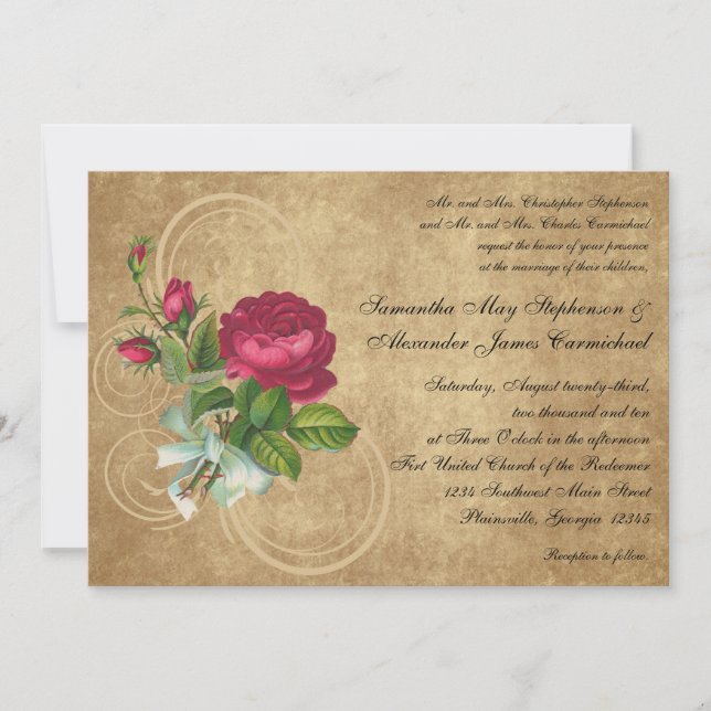 Vintage Fuchsia Rose Hochzeitseinladungen Einladung (Vorderseite)