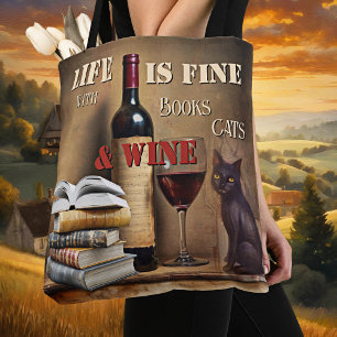Vintage Fun Bücher Katzen Wein Tasche