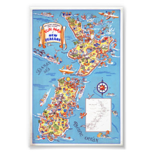 Vintage Fun Map of Neuseeland Poster