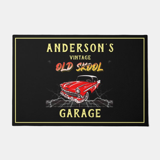 Vintage Garage Altes Skool Chevy auf schwarz Fußmatte (Vorderseite)