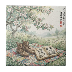 Vintage-Garten-Lesepicknick-Kunst Fliese