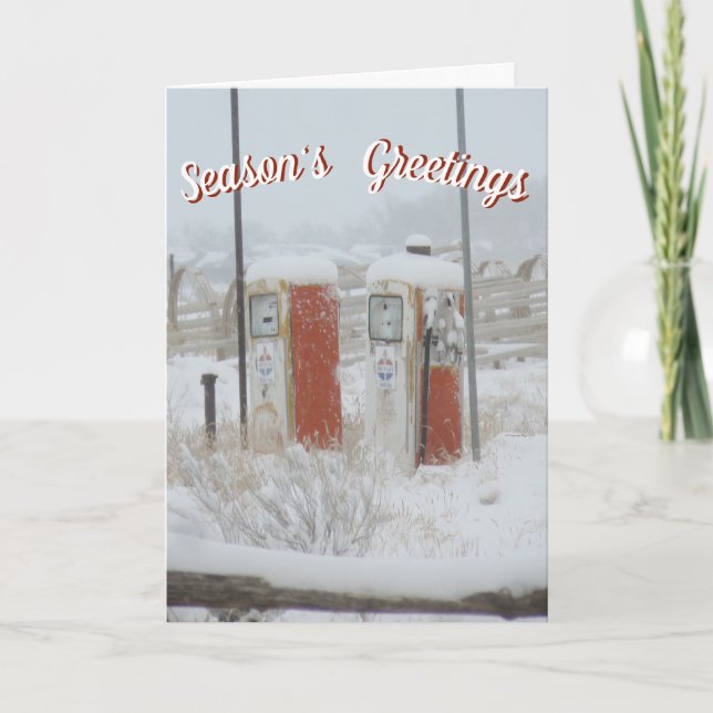 Vintage Gaspumpen in schneeweihnachtlichen Grußkar Karte (Vorderseite)