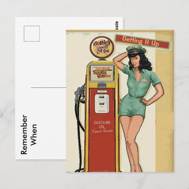 Vintage Gasstation, Text bearbeiten Postkarte (Vorne/Hinten)