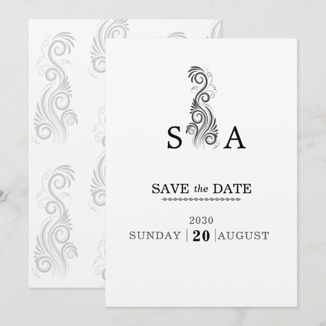 Vintage, Geblüht Black Monogram Wedding Save The Date (Vorne/Hinten)