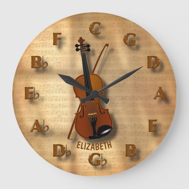 Vintage Geigeruhr mit Zirkel von Fünftelmusik Große Wanduhr (Vorderseite)