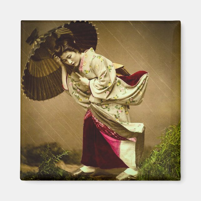 Vintage Geisha in einer Rain Glass Slide im Spring Magnet (Vorne)