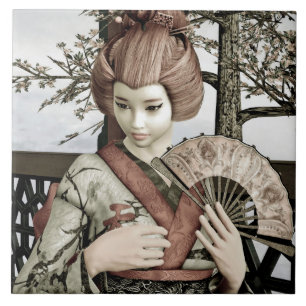 Vintage-Geisha-Kimono-Fächer-Illustration Fliese