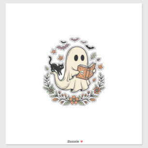 Vintage-Geisterkatze-Halloween-Blumen-Vektor-Desig Aufkleber