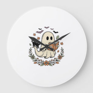Vintage-Geisterkatze-Halloween-Blumen-Vektor-Desig Große Wanduhr