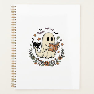 Vintage-Geisterkatze Halloween-Blumen-Vektordesign Planer
