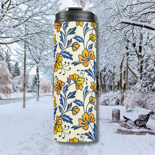 Vintage Gelb Orange Folk Floral Blaues Blatt Thermosbecher