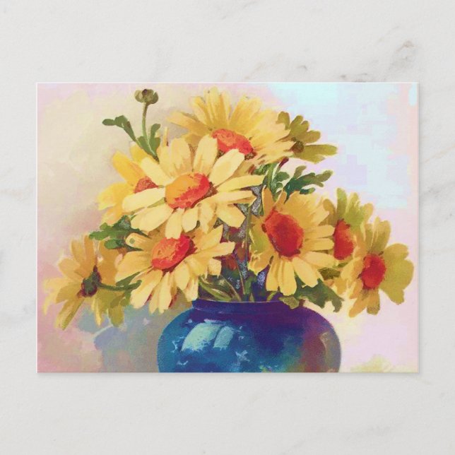 Vintage gelbe Blumen in Blue Vase Postkarte (Vorderseite)