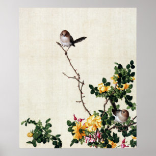 Vintage Gelbe Rose & Vögel Chinoiserie Kunst Poster