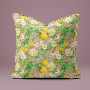 Vintage-Gelbe-Rosen-Kissen in sanftem Rosa Kissen