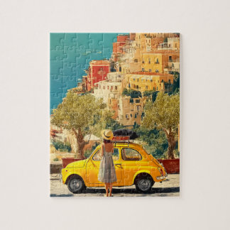 Vintage Gelbes Auto an der Amalfiküste, Positano