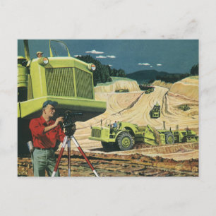 Vintage Geschäft, Baustelle mit Vermesser Postkarte