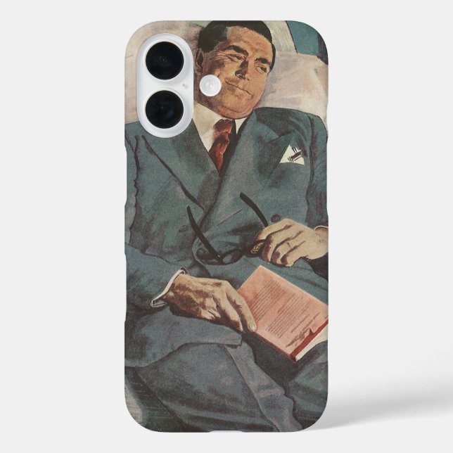 Vintage Geschäftsreise, Lesen im Flugzeug iPhone 16 Hülle (Rückseite)