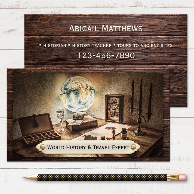 Vintage Geschichtslehrer-Visitenkarte Visitenkarte (Business card featuring a vintage office scene with a globe - travel - history - antique)
