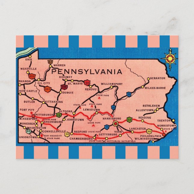 Vintage gestreifte Pennsylvania-Karte  Postkarte (Vorderseite)