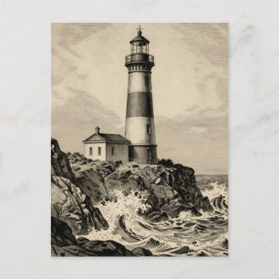 Vintage gestreifter Leuchtturm stürmische Küste Postkarte