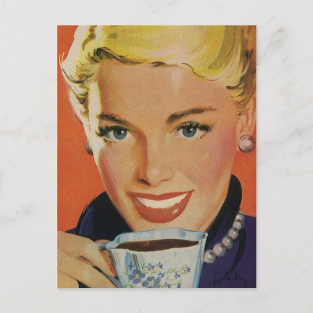 Vintage Getränke, glückliche Frau mit Kaffee-Tasse Postkarte (Vorderseite)