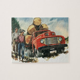 Vintage-Gewerbe, Holztransporter mit Holzfällern